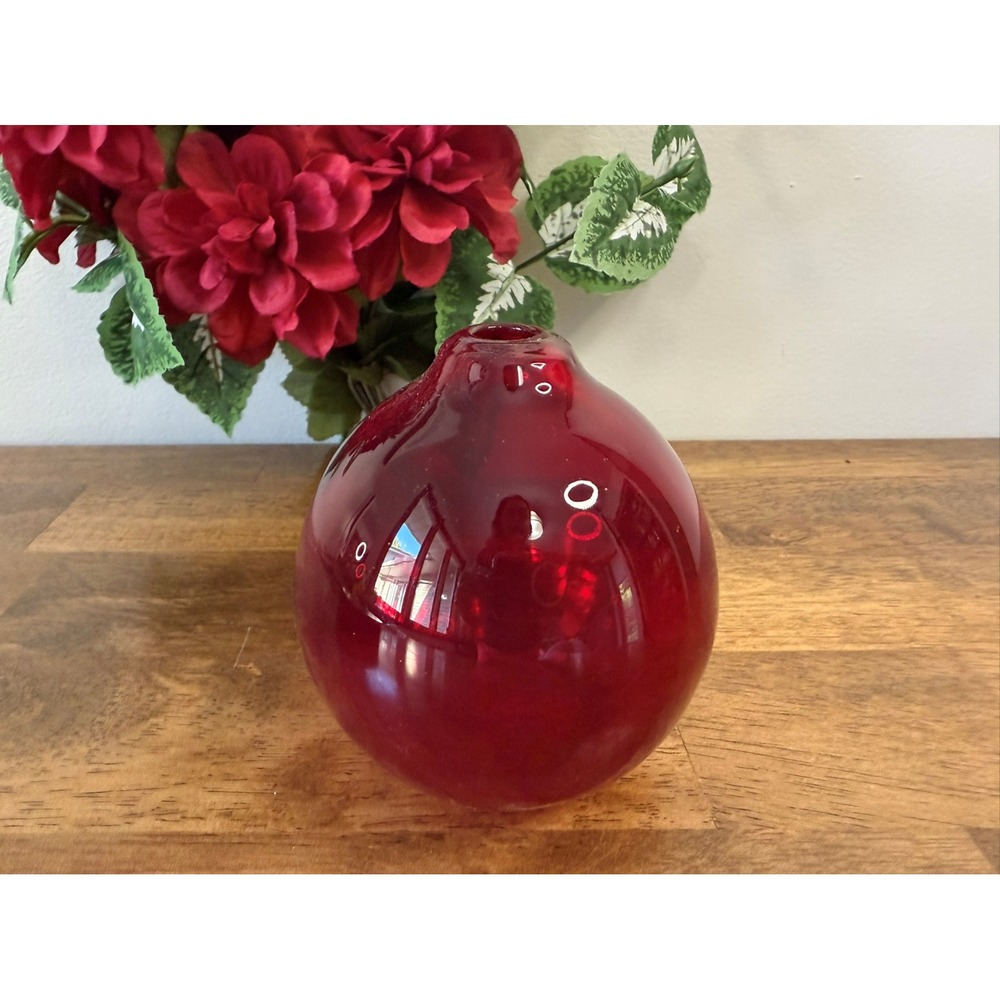 Vintage Ruby Red Art Glass Vase – Hand Blown‎ Round Form Retro Decor Colourful